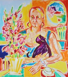 Autoportrait avec un chat violet d