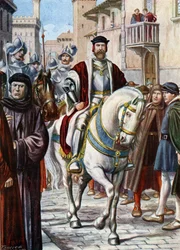 Portrait de Cosme I de Toscane (Cosimo de Medici) circulant dans les rues de Florence, entouré de membres de sa milice composée de soldats espagnols et allemands