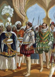 Navigateur portugais Pedro Alvares Cabral (1460-1526) à la cour du roi (Zamorin) de Calicut (Kozhikode) le 13/09/1500 pour négocier l