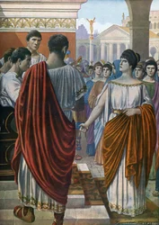 Antiquité romaine : Hortensia, porte-parole des matrones romaines frappées par un impôt spécial, défend leur cause devant les triumvirs en 42 av. J.-C. Illustration de Tancre