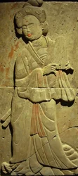 Stèle en terre cuite avec musicien, dynastie Tang (618-907), découverte dans la province du Shaanxi, Musée de la Forêt de Stèles à Xi