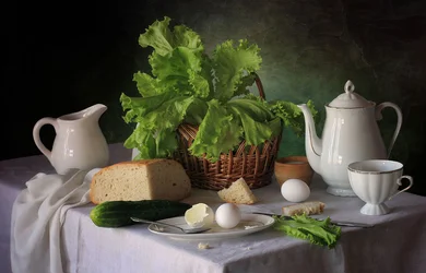 Nature morte rustique représentant un petit-déjeuner