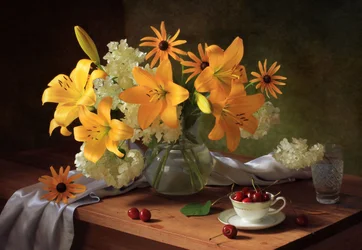 Des lys et des cerises aux couleurs éclatantes