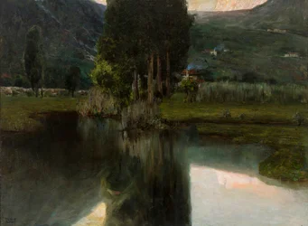 Lac avec cyprès et maisons, 1923