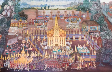 Fresque représentant des scènes du Ramayana au Wat Phra Kaeo, Palais Royal, Bangkok, Thaïlande
