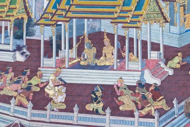 Fresque représentant des scènes du Ramayana au Wat Phra Kaeo, Palais Royal, Bangkok, Thaïlande