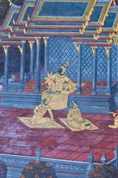 Peinture murale représentant des scènes du Ramayana au Wat Phra Kaeo, le Palais Royal, Bangkok, Thaïlande