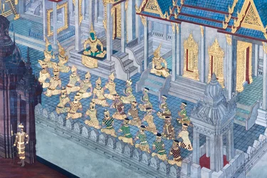 Fresque représentant des scènes du Ramayana au Wat Phra Kaeo, le Palais Royal, Bangkok, Thaïlande