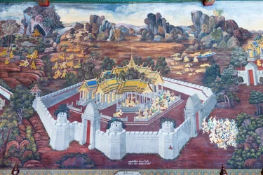 Fresque représentant des scènes du Ramayana au Wat Phra Kaeo, le Palais Royal, Bangkok, Thaïlande