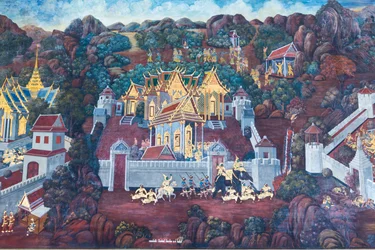 Fresque représentant des scènes du Ramayana au Wat Phra Kaeo, Palais Royal, Bangkok, Thaïlande