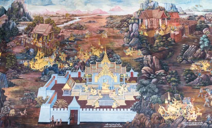 Fresque représentant des scènes du Ramayana au Wat Phra Kaeo, Palais Royal, Bangkok, Thaïlande
