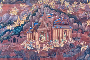 Fresque représentant des scènes du Ramayana au Wat Phra Kaeo, Palais Royal, Bangkok, Thaïlande