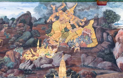 Fresque représentant des scènes du Ramayana au Wat Phra Kaeo, le Palais Royal, Bangkok, Thaïlande
