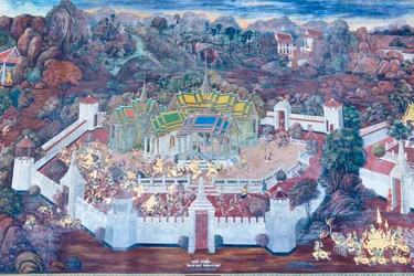 Fresque représentant des scènes du Ramayana au Wat Phra Kaeo, le Palais Royal, Bangkok, Thaïlande