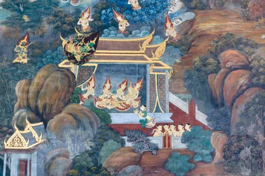 Fresque représentant des scènes du Ramayana au Wat Phra Kaeo, le Grand Palais Royal, Bangkok, Thaïlande