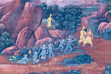 Fresque représentant des scènes du Ramayana au Wat Phra Kaeo, le Grand Palais Royal, Bangkok, Thaïlande