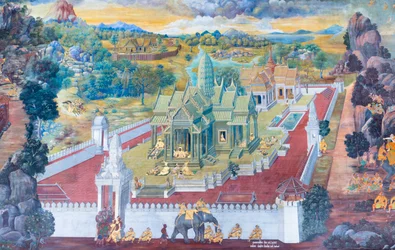 Fresque représentant des scènes du Ramayana au Wat Phra Kaeo, le Palais Royal, Bangkok, Thaïlande