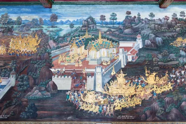 Fresque représentant des scènes du Ramayana au Wat Phra Kaeo, le Palais Royal, Bangkok, Thaïlande
