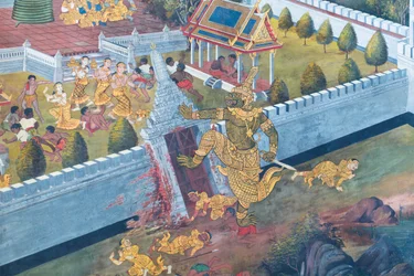 Fresque représentant des scènes du Ramayana au Wat Phra Kaeo, le Palais Royal, Bangkok, Thaïlande