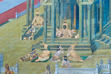 Fresque représentant des scènes du Ramayana au Wat Phra Kaeo, le Palais Royal, Bangkok, Thaïlande