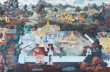 Fresque représentant des scènes du Ramayana à Wat Phra Kaeo, le Grand Palais Royal, Bangkok, Thaïlande
