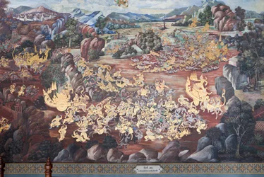 Fresques représentant des scènes du Ramakian au Wat Phra Kaeo, le Palais Royal, Bangkok, Thaïlande