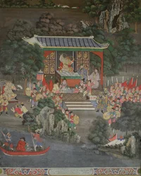 Scène avec influence chinoise, Sala Geng, Wat Bowonniwet Vihara, Bangkok