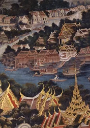 Vue du Palais Royal de Bangkok, de la rivière Chao Phraya et de Tonburi, montrant des maisons thaïlandaises en bois et des habitations chinoises en brique et stuc, 1864