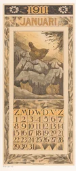 Page de calendrier de janvier avec troglodyte et souris (Kalender 1911 12 lithografien door Th. v. Hoytema)