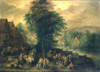 Paysage boisé avec paysans, chariots et bétail