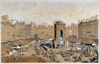 Vue de la Marche et de la fontaine des Innocents à Paris au XIXe siècle. Aquarelle de Théodore Joseph Hubert Hoffbauer (1839-1922) 19e siècle Paris, musée Carnavalet