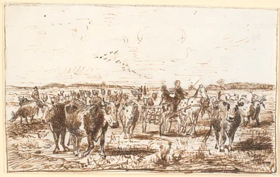 Bétail et chariot de traite dans un champ