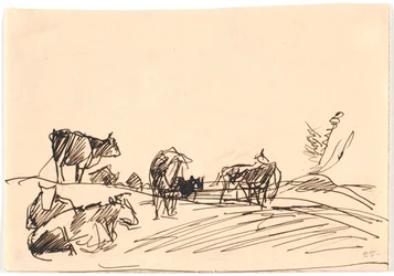 Paysage avec des vaches couchées et debout
