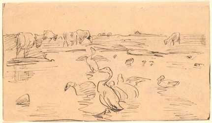 Vandhul avec des oies et des vaches