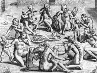Un bouillon est fait à partir des intestins : cannibalisme par les Indiens du Nouveau Monde (Amazonie), gravure de Théodore de Bry pour le livre "Le Voyage au Brésil de Jean de Léry 1556-1558" publié en 1578