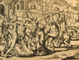 Martyr des moines missionnaires en Amérique du Sud, gravure de Historia americae, par Theodor de Bry (1528-1598), Francfort