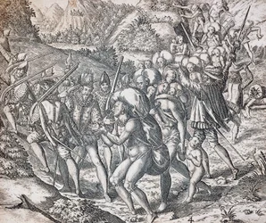 Les indigènes embarqués sur des navires pour être emmenés en esclavage à Séville, gravure de Theodor de Bry, Antilles