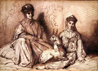 Femme arabe et fille avec une gazelle