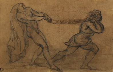 Un homme nu tiré par un autre homme