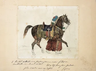Un cheval harnaché conduit par un mamelouk, deux pyramides en arrière-plan