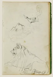 Lion assis, deux études de têtes de lion