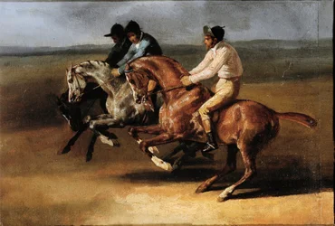 Départ de la course de chevaux avec cavaliers