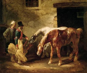 Deux chevaux de poste à la porte d