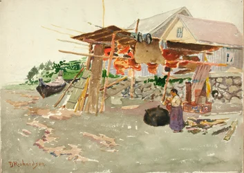 Séchage de saumon, village indien, Alaska