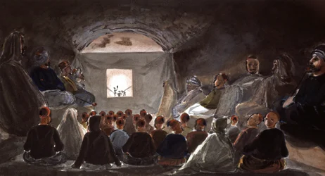 Spectacle de marionnettes dans une école en Algérie, vers 1830