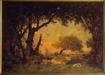 Sortie de la forêt à Fontainebleau, coucher de soleil