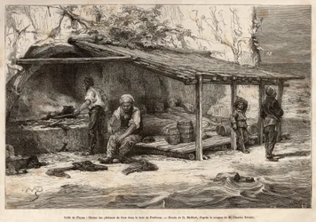Un pavillon de pêche au thon dans la baie de Proelucca, golfe de Fiume (ou Rijeka, Istrie), trois des pêcheurs dorment encore, enveloppés dans des couvertures, un autre s