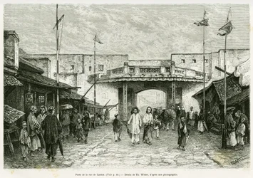 Porte de la rue Canton à Hanoï. Gravure d