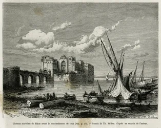 Le château maritime de Sidon avant le bombardement de 1840. Gravure de Th. Weber, pour illustrer l