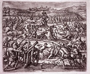 Un moine dominicain, se sentant moqué par le roi inca Atahualpa (Atabaliba), encourage Francisco Pizarro à se venger (Gravure)